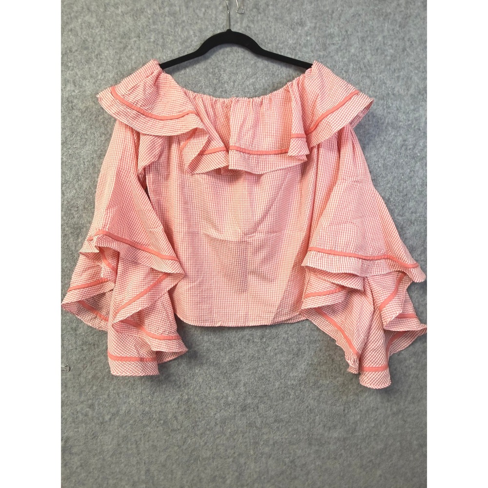 Liquid by Signi Pink Gingham Off The Shoulder Ruffle Bell Sleeve Blouse Top